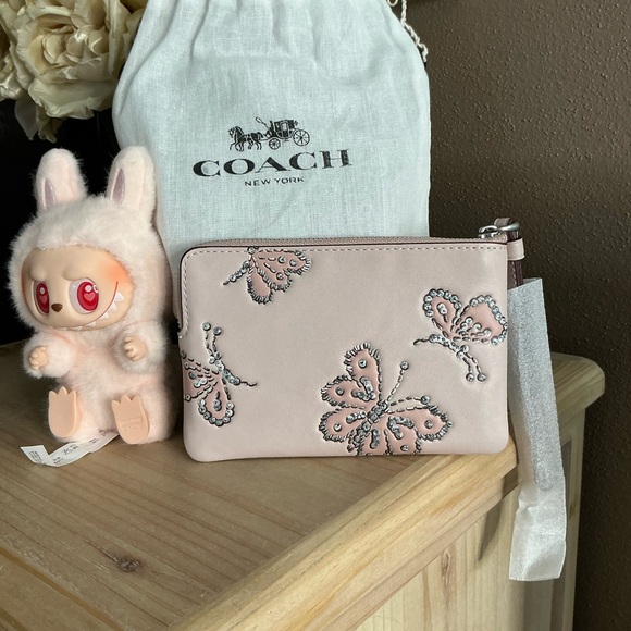 Coach Blush Butterfly Rivets Corner Zip Wristlet plus a Pop Mart lil’ Monster - Picture 2 of 15